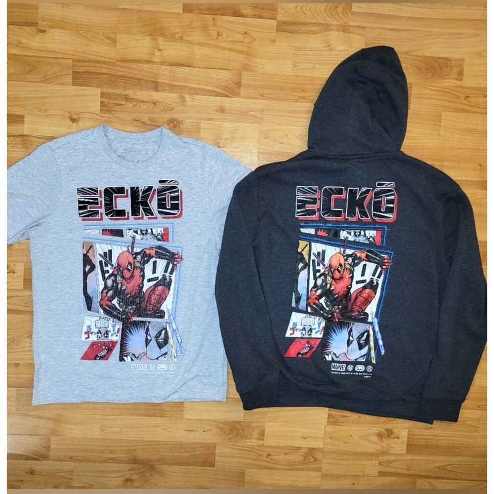 Marvel X Ecko Collab Bundle: Deadpool Gray Graphic Tee + Dark Gray Hoodie, Large